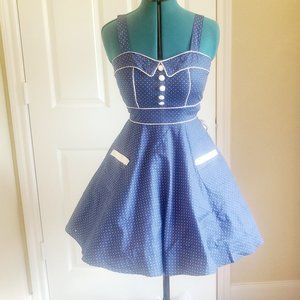 Hell Bunny Mini Vanity Dress Navy Blue  - White Polka  Pinup / Rockabilly  XS